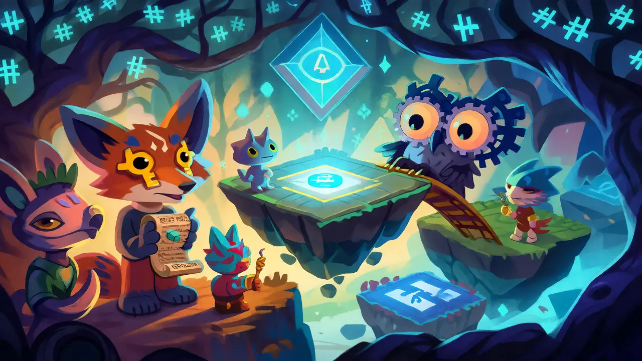 Whimsical alebrije characters trading on a decentralized platform in a magical crypto forest.