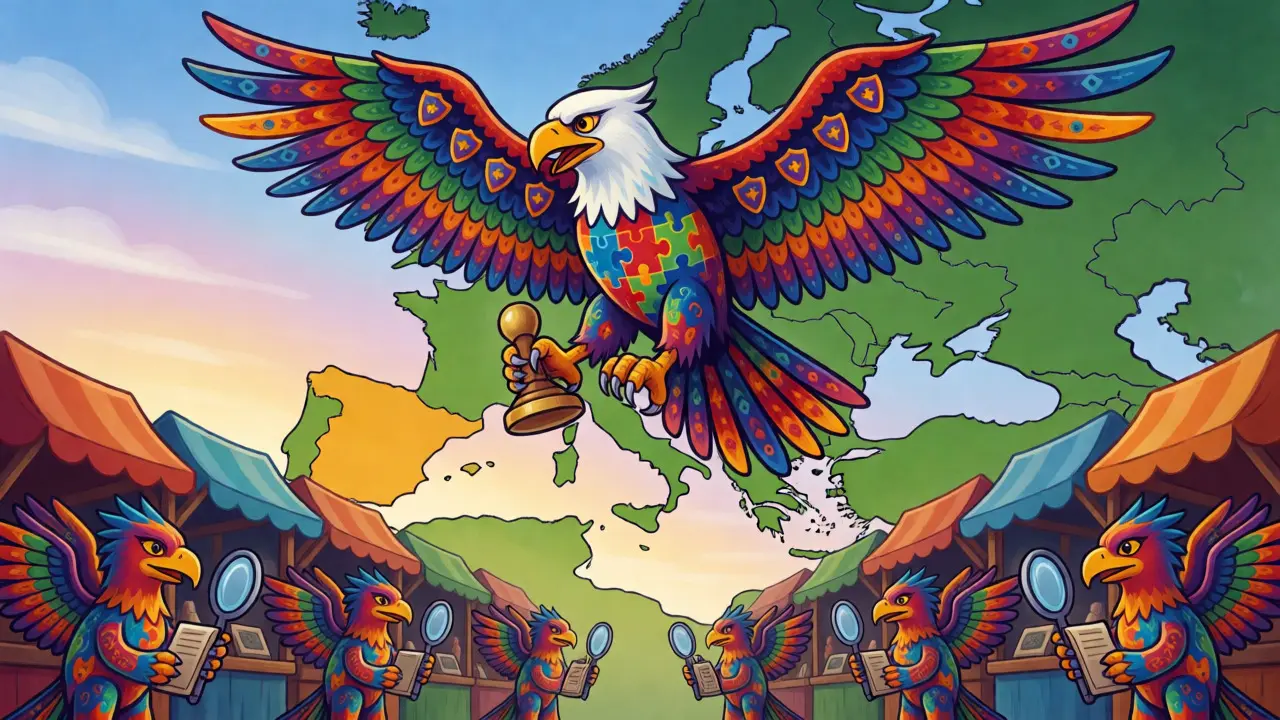 Winged alebrije eagle holding a golden stamp soaring over a stylized European crypto marketplace.