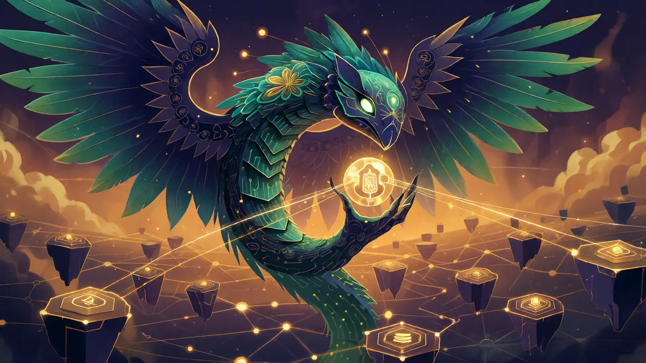 Winged serpent alebrije connecting AI agents across blockchain islands