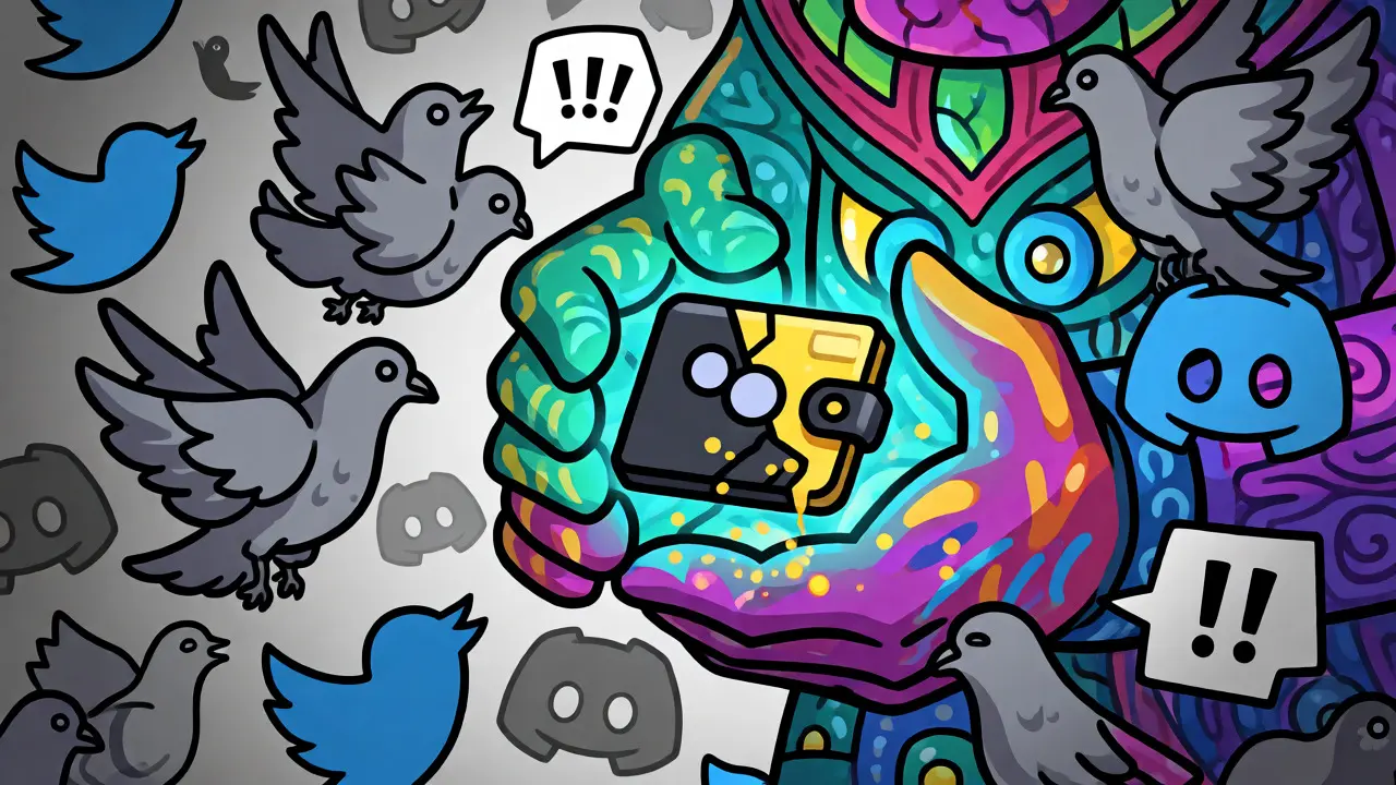 A colorful alebrije trader holds a cracked Polygon wallet leaking gold, surrounded by fading social media icons.