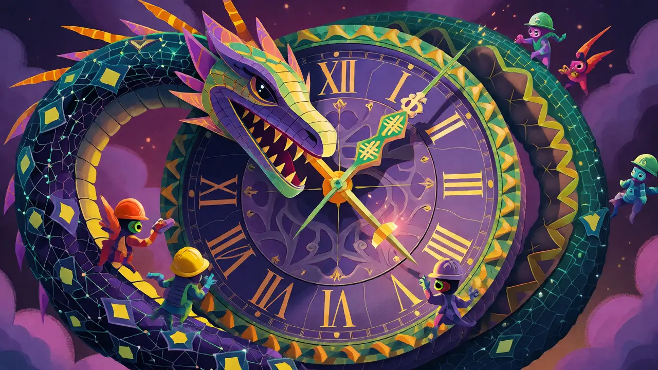 A digital serpent alebrije coiled around a clock face, surrounded by tiny miner spirits.