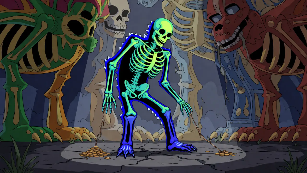 A hollow, neon-painted alebrije skeleton stands tethered to a small coin pile, dwarfed by larger, solid virtual structures.