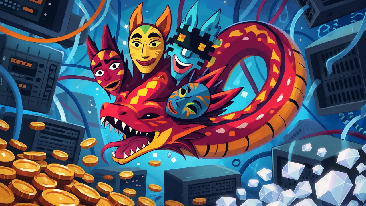 A multi-headed alebrije serpent transforming gold coins into diamonds amidst server racks.