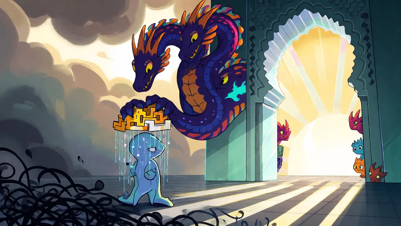 A regulatory dragon crowning a crypto spirit under an archway, symbolizing Morocco's move toward legalization.