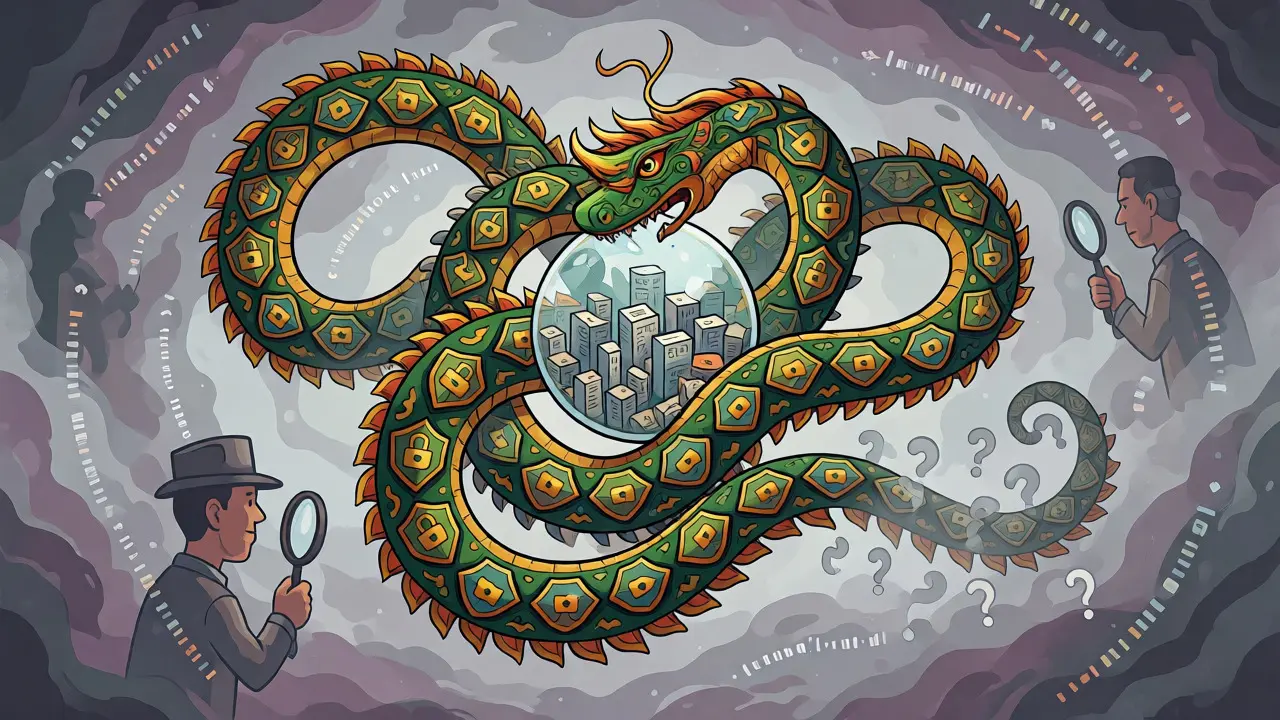 A serpentine alebrije guarding a glass city, symbolizing security and transparency issues.
