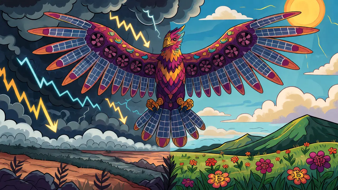 A solar-panel feathered bird alebrije hovering over a split landscape of storm and calm.
