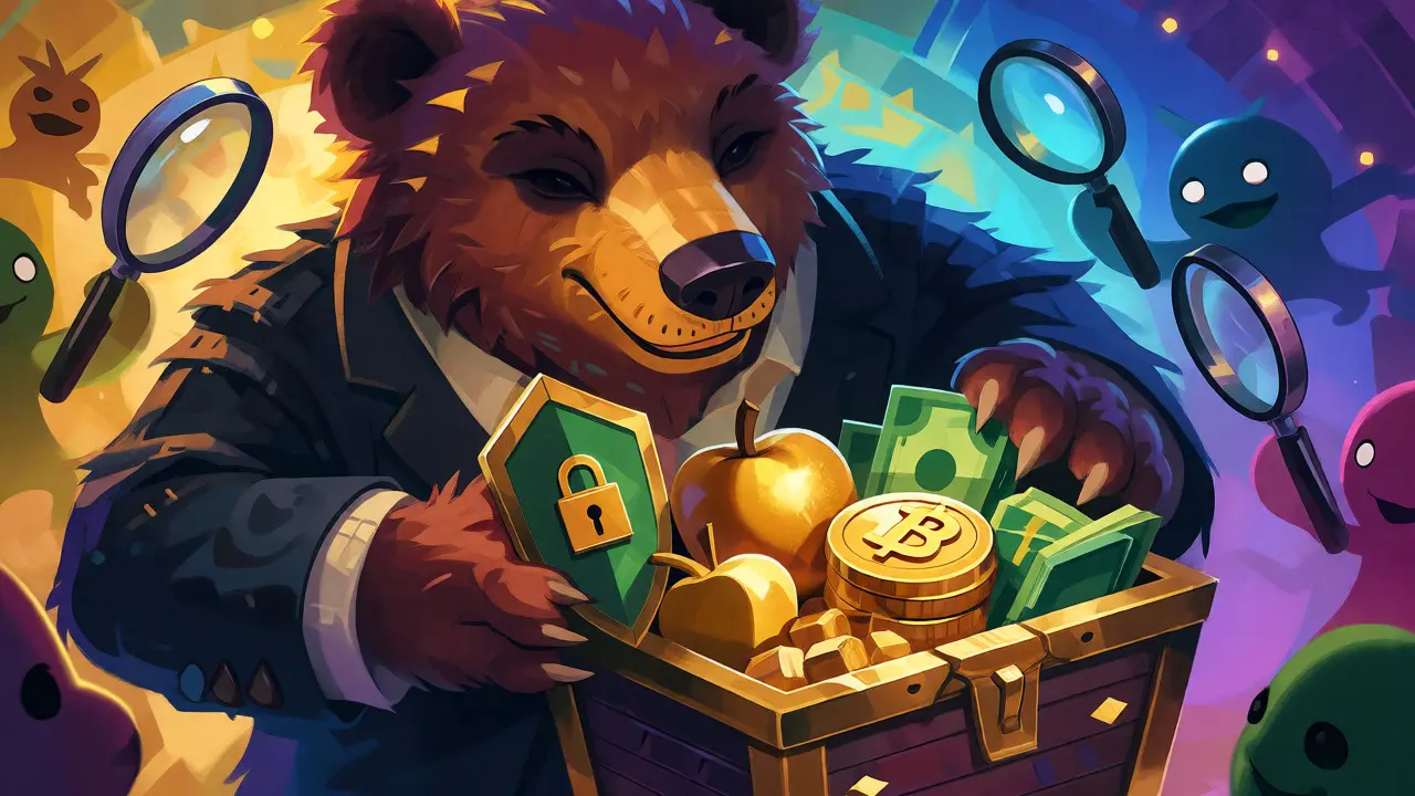 A suited alebrije bear holding a shield over a treasure chest filled with mixed financial assets.
