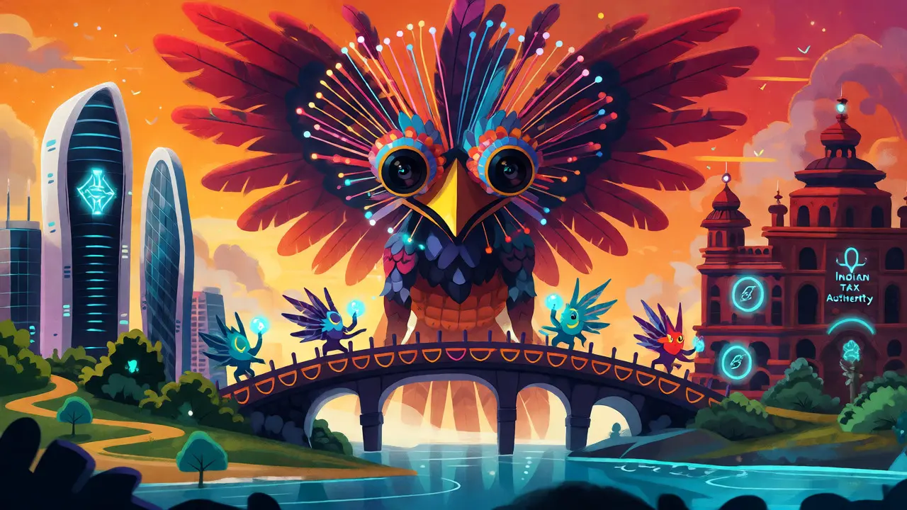 Alebrije guardian overseeing data transfer between foreign and Indian tax islands