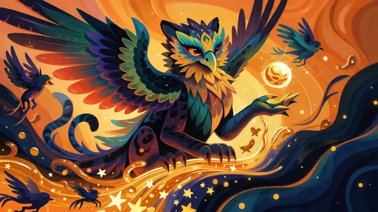 Alebrije jaguar-owl sitting on a river of gold with floating light orbs.