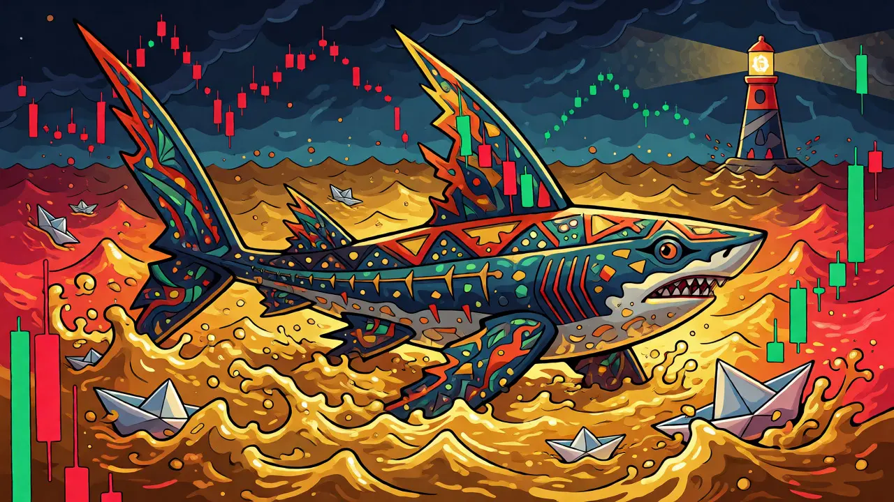 Alebrije shark swimming through volatile chart-based waves