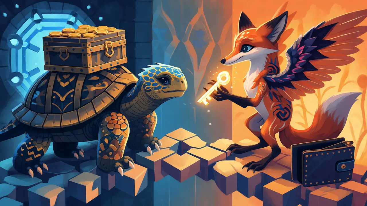 Alebrije-style art showing a turtle with coins and a fox with a key on a blockchain bridge.