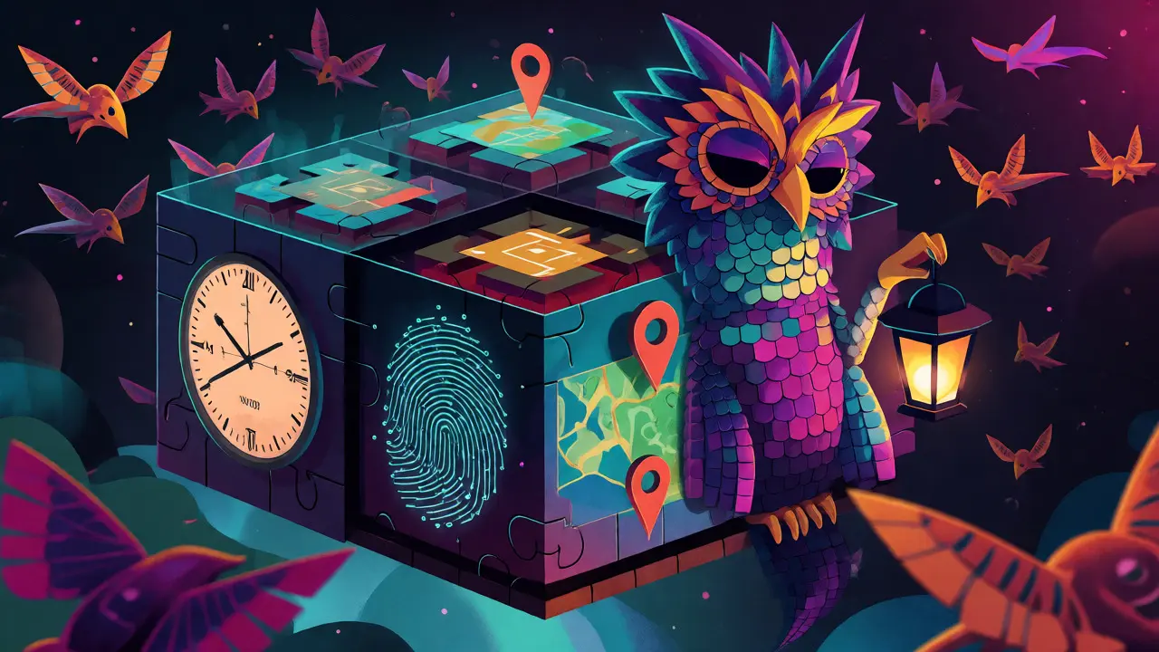 An alebrije analyzing a multi-layered puzzle box of digital footprints.