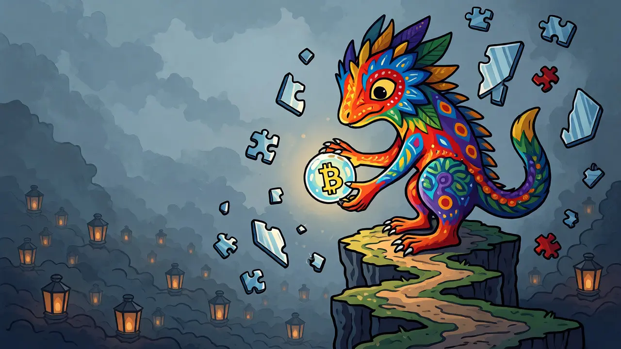 An Alebrije spirit carefully holding a glowing crypto orb at the edge of a foggy cliff, representing cautious investment.