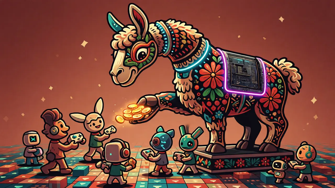 An alebrije-style llama distributing crypto tokens to users in a digital marketplace.