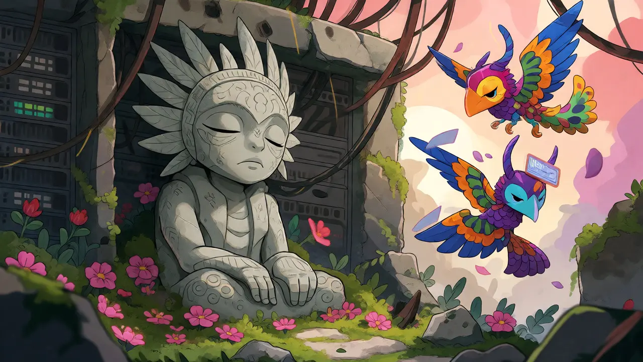 An ancient Alebrije statue surrounded by smaller creatures in a ruinous tech landscape.