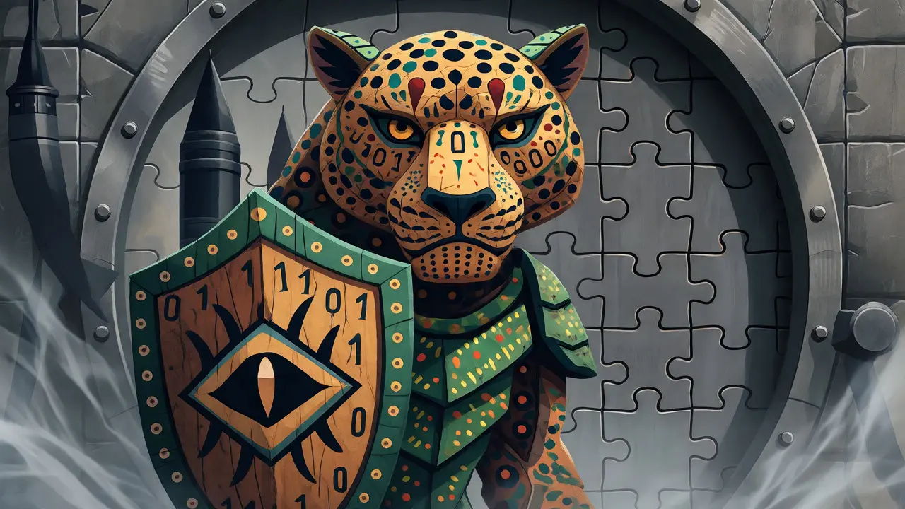 An armored alebrije jaguar guarding a vault with missile silhouettes in the background.
