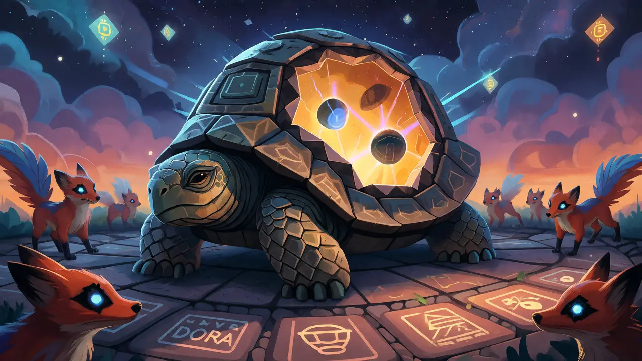 Armored alebrije tortoise guarding glowing crypto assets in a secure vault