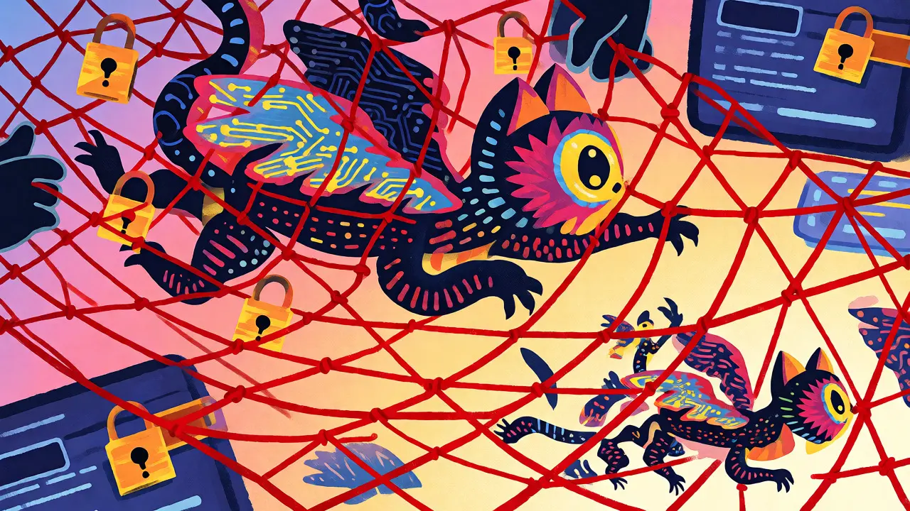 Circuit-board winged alebrije caught in a red net of compliance restrictions.