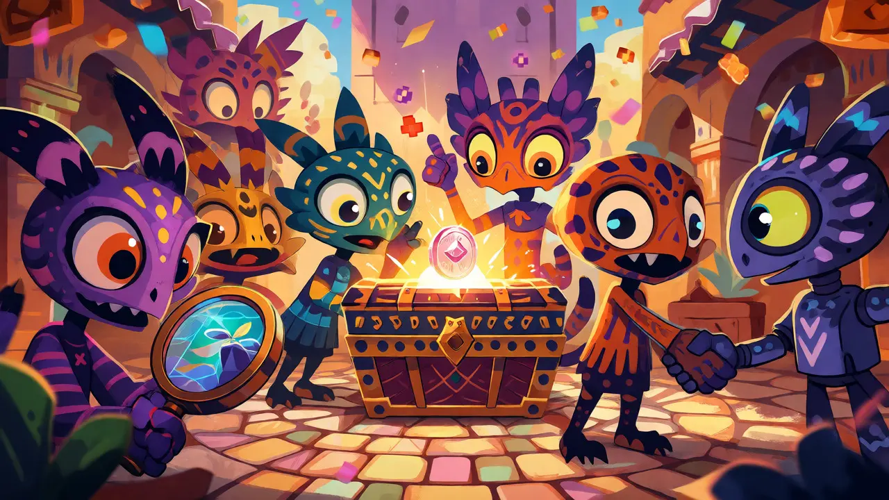 Colorful alebrije characters interacting with a treasure chest and crystals