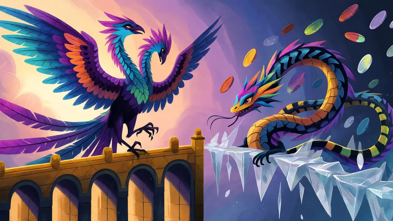 Contrasting alebrije birds and serpents symbolizing DeFi stability vs. risk.