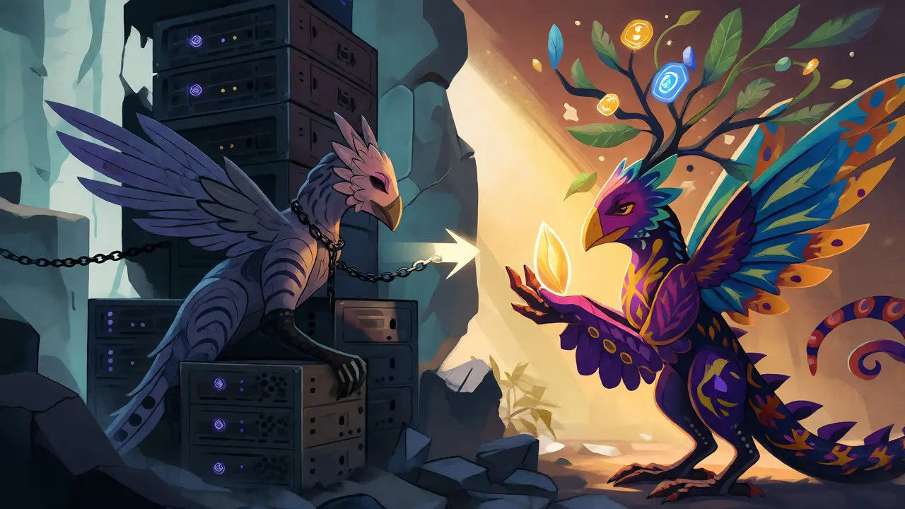 Faded alebrije tied to servers versus vibrant one holding token tree