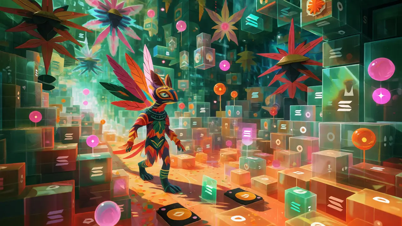 Fantastical spirit guide navigating a vibrant Solana blockchain landscape