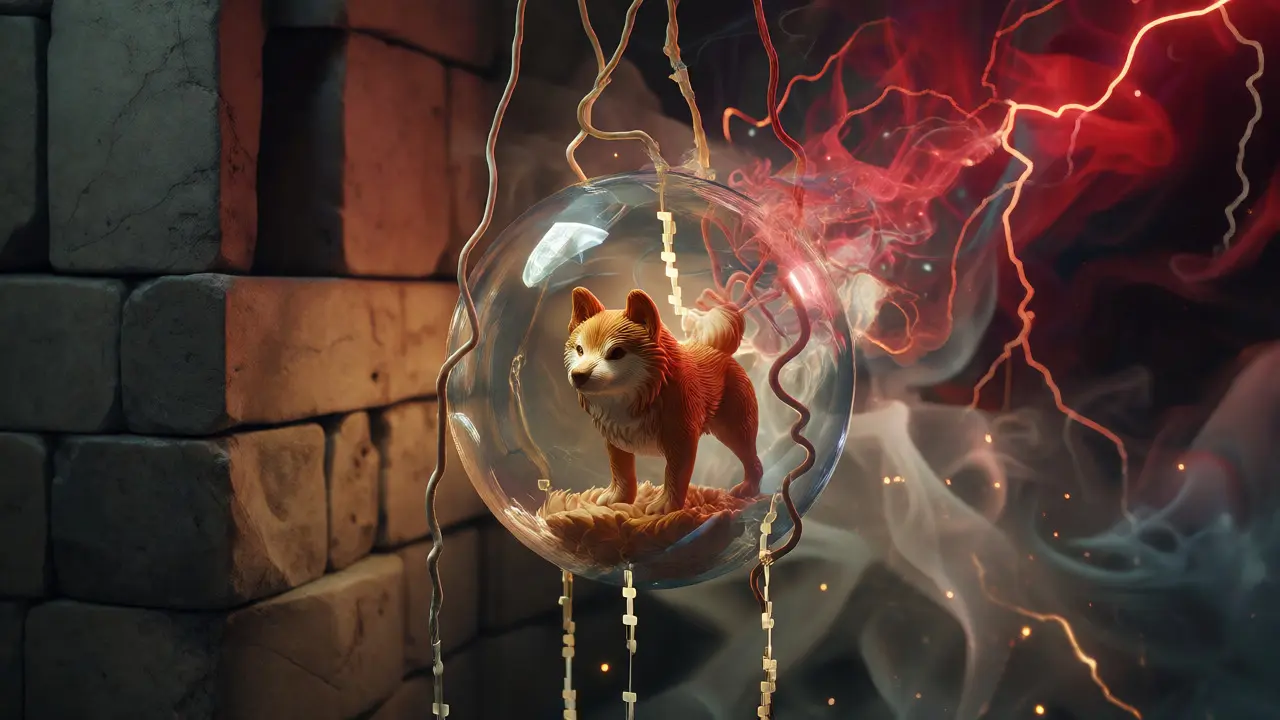 Glass orb with wooden Shiba carving amidst volatile storm elements