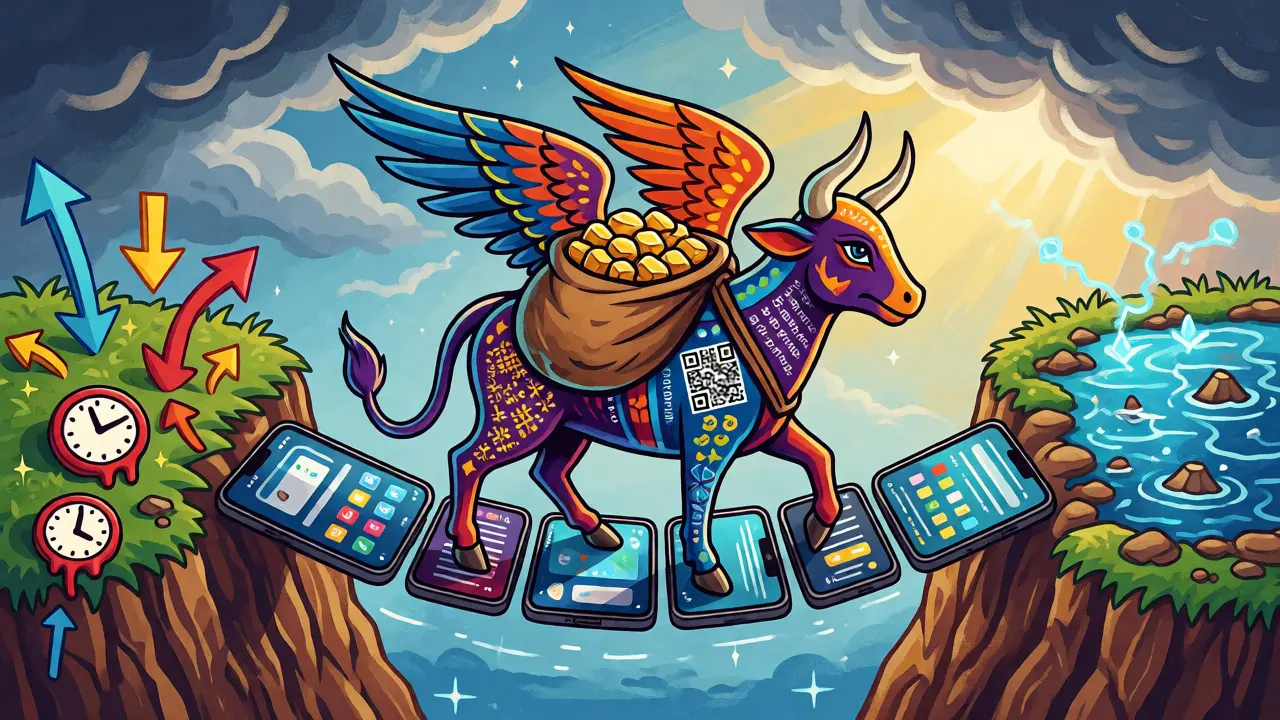 Gold-carrying alebrije crossing a fragile bridge of mobile wallets toward stability.