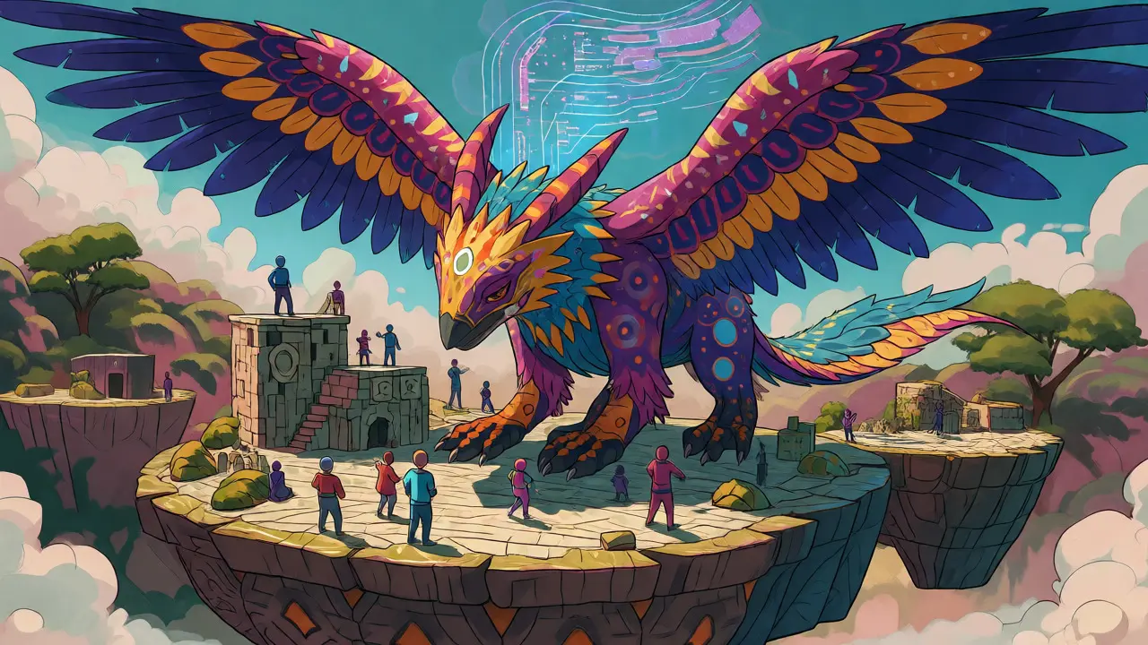 Holographic-winged beast hovering over a 3D metaverse city