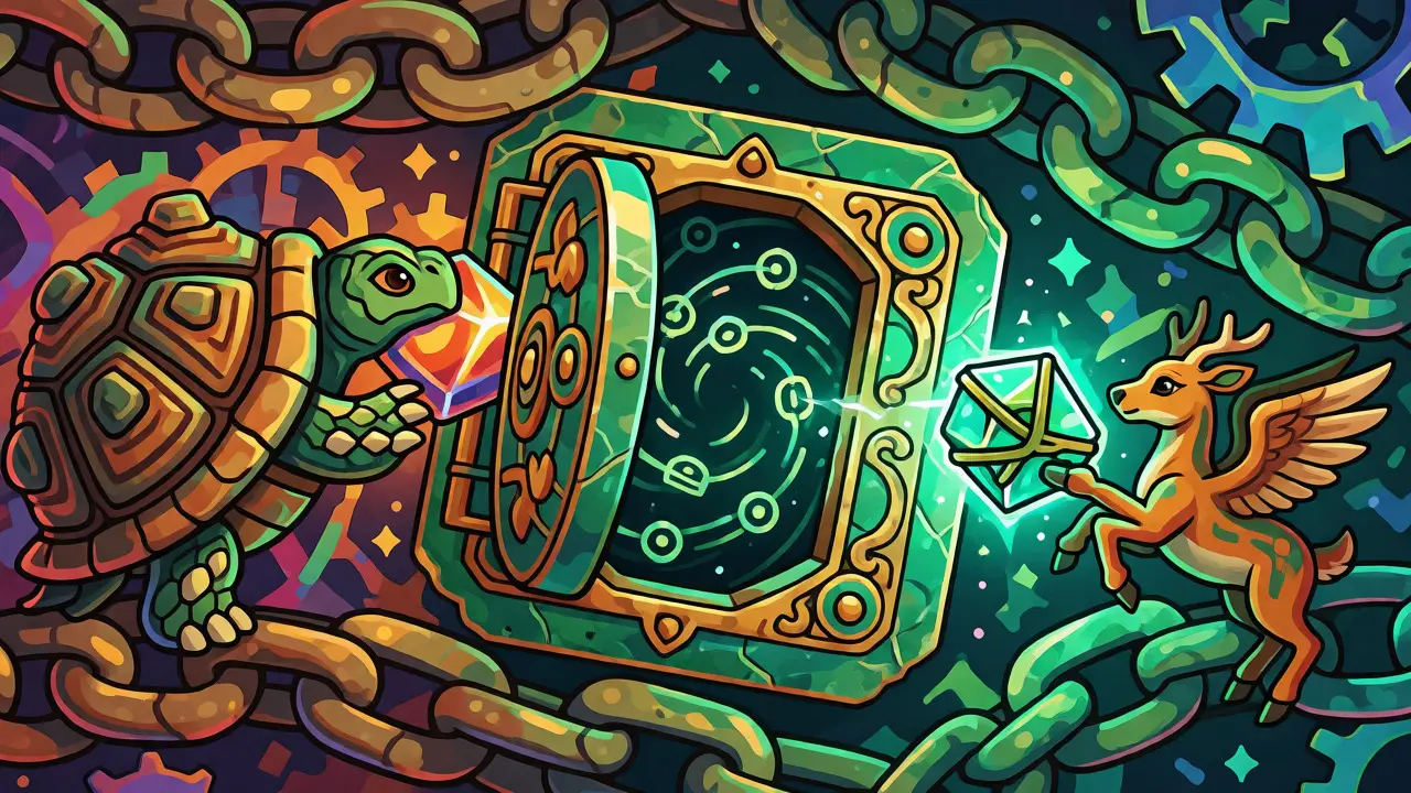Illustration of assets being locked in a vault and minted as new tokens across chains.