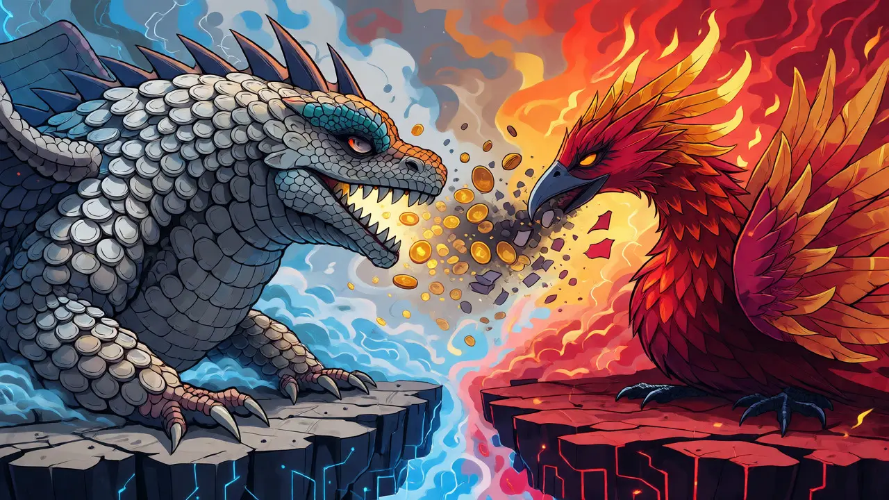 Inflationary dragon versus deflationary phoenix battling over token value in vibrant folk art style.