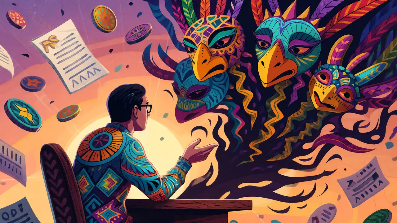 Investor with alebrije shadow reflecting multiple crypto accounts and wallets