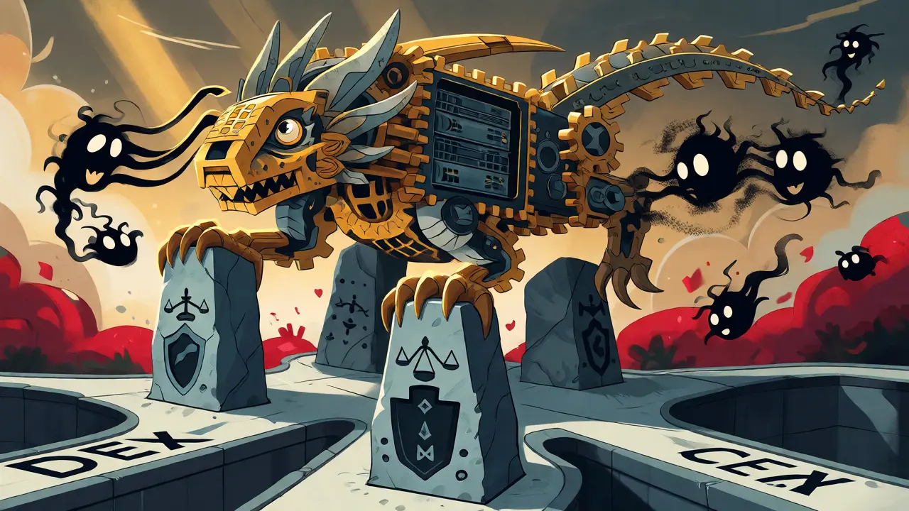 Mechanical Alebrije surrounded by regulatory pillars and market chaos.