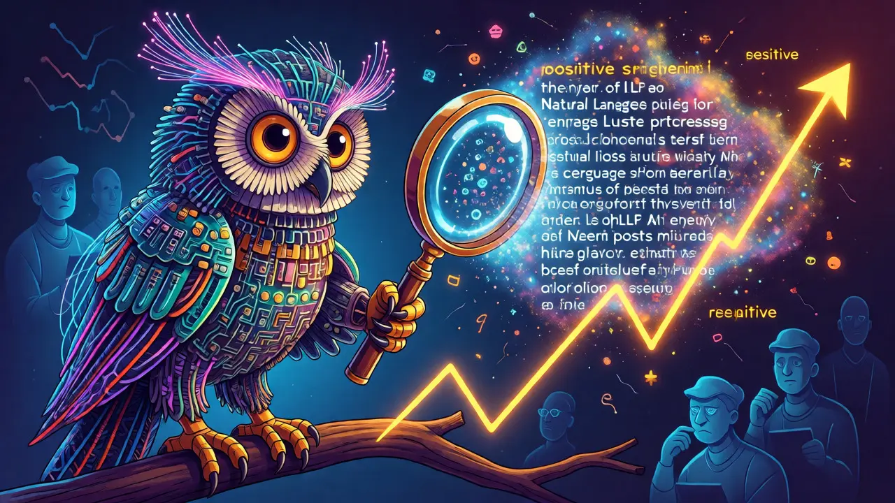 Mechanical owl analyzing digital text clouds with a magnifying glass.