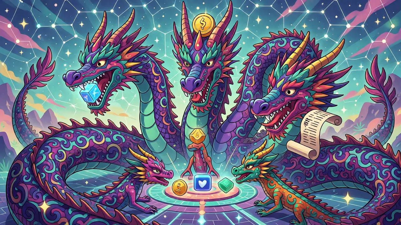 Multi-headed alebrije dragon distributing NFTs and tokens on a grid