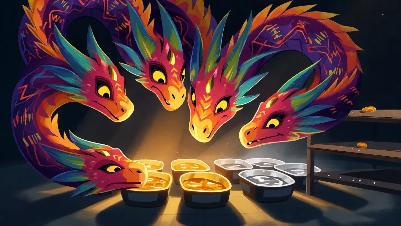 Multi-headed alebrije dragon inspecting thin liquidity pools with intricate patterns