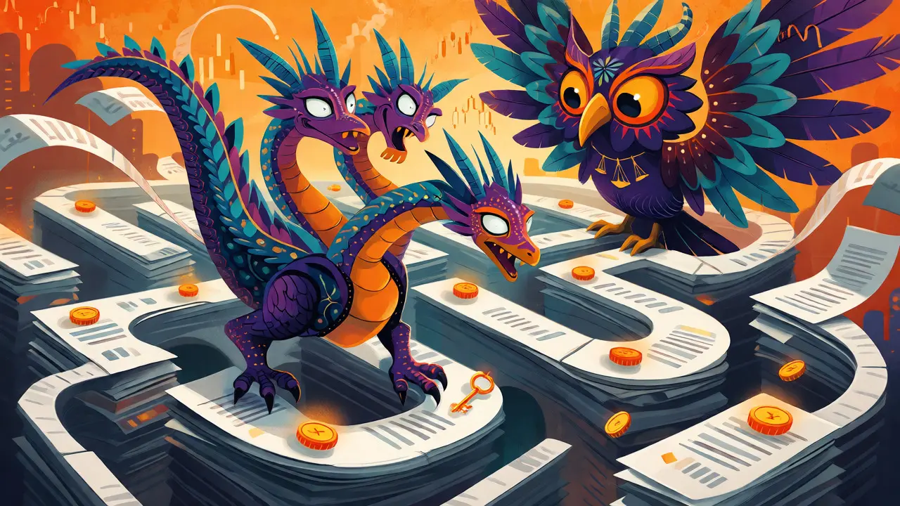 Multi-headed alebrije navigating a maze of compliance documents under a regulator owl