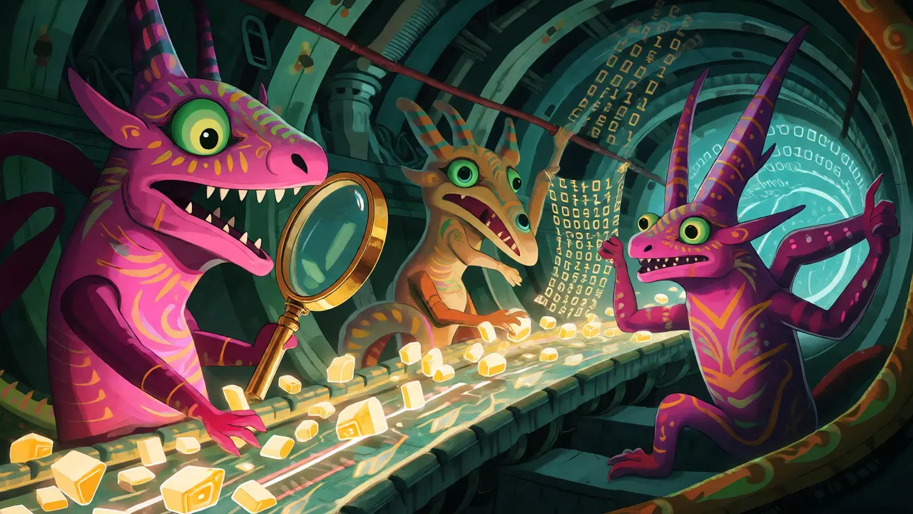 Mythical creatures inspecting glowing data packets in a digital tunnel.