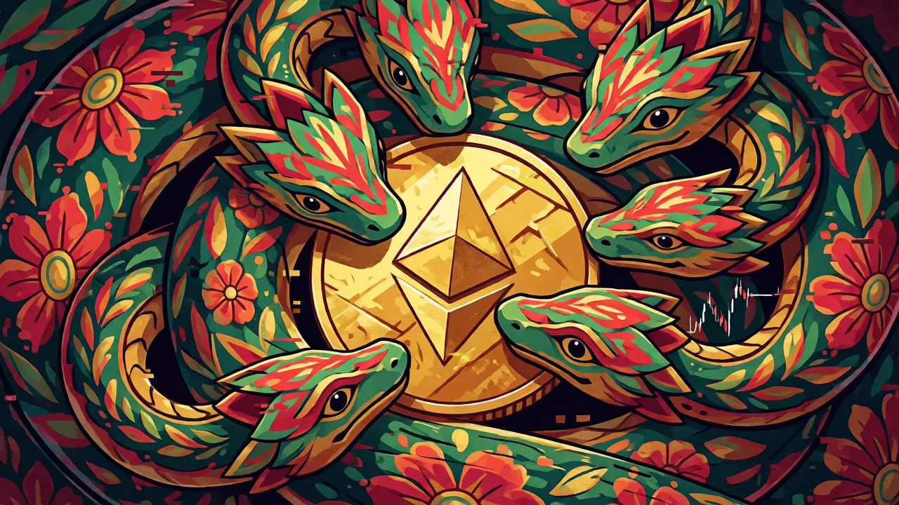 Mythical serpent coiled around an Ethereum coin with glitch effects