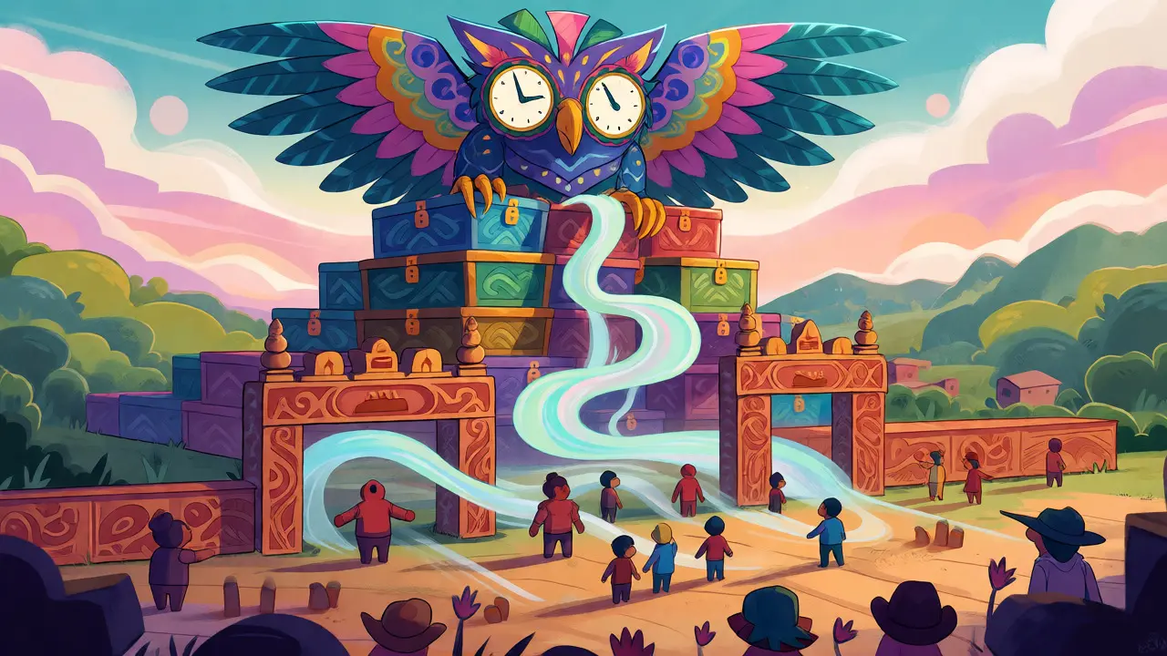 Owl alebrije overseeing vesting schedules releasing token wealth gradually to a community via gated streams.