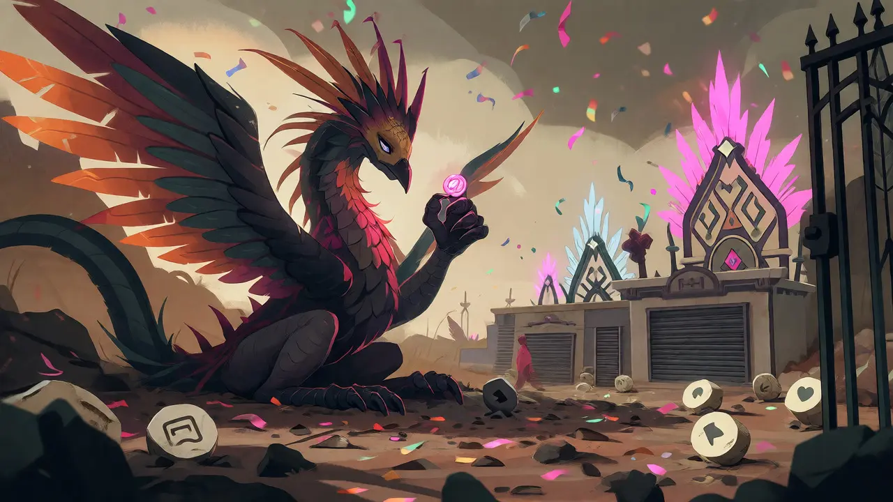 Reflective alebrije amidst fading airdrop confetti and closed gates
