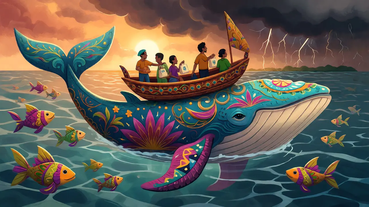 Safe harbor scene with alebrije whale carrying secure crypto traders