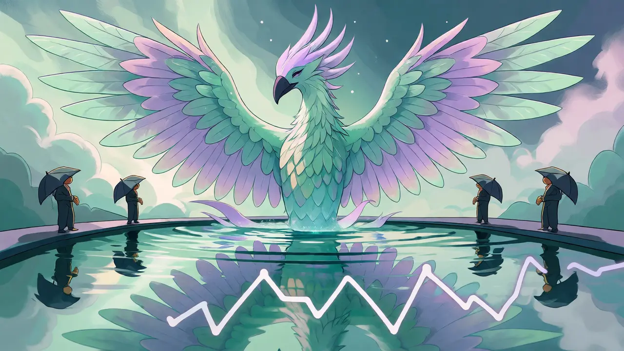 Serene Alebrije emerging from calm waters symbolizing market maturity.