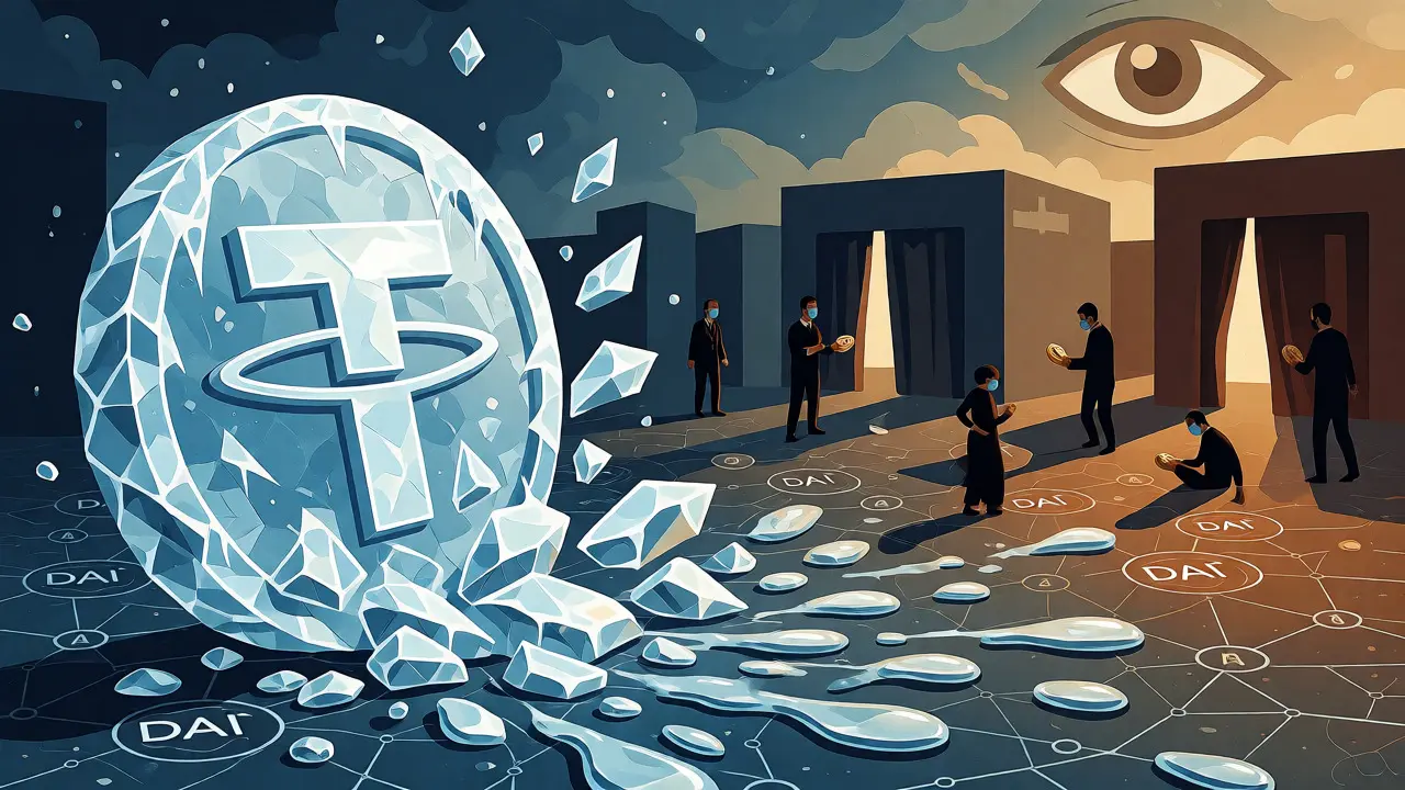 Shattered Tether coin transforming into decentralized stablecoins under sanction