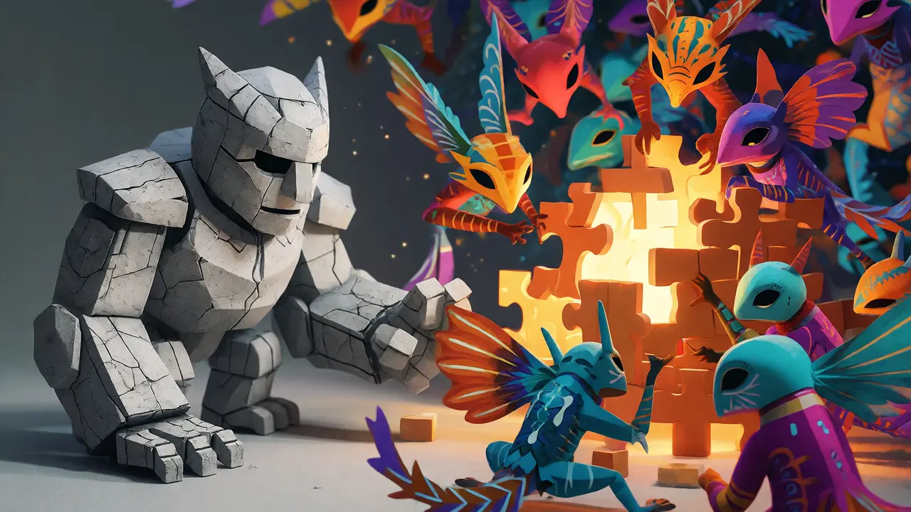 Small alebrije creatures building a structure next to a static stone golem.