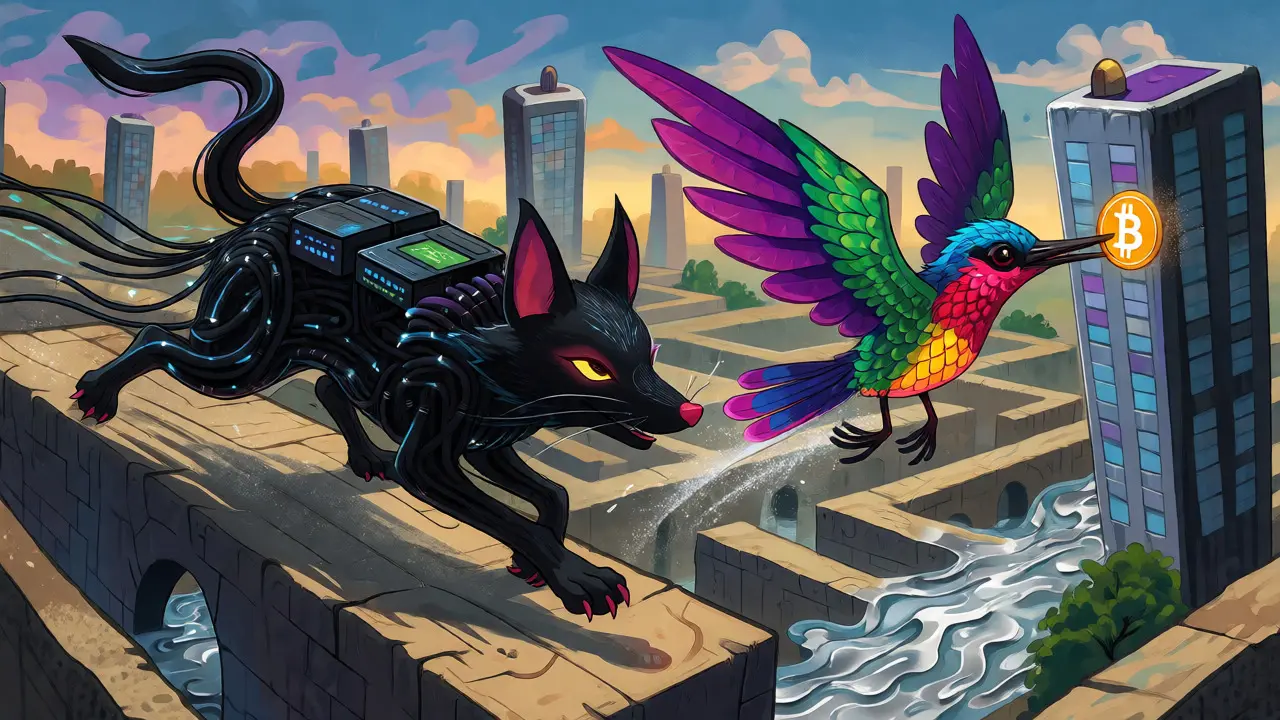 Stylized chase scene between a tech-fox and a crypto-trader bird in Lalitpur.