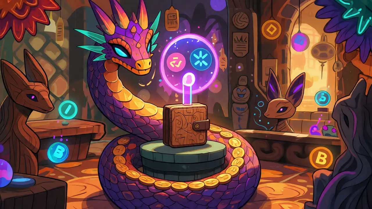 Surreal DeFi market with alebrije creatures trading crypto tokens