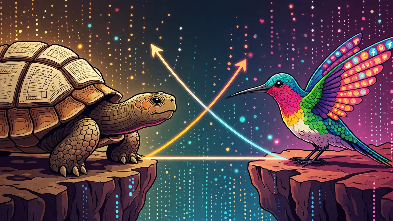 Tortoise and hummingbird alebrijes facing off over a data chasm showing divergence.