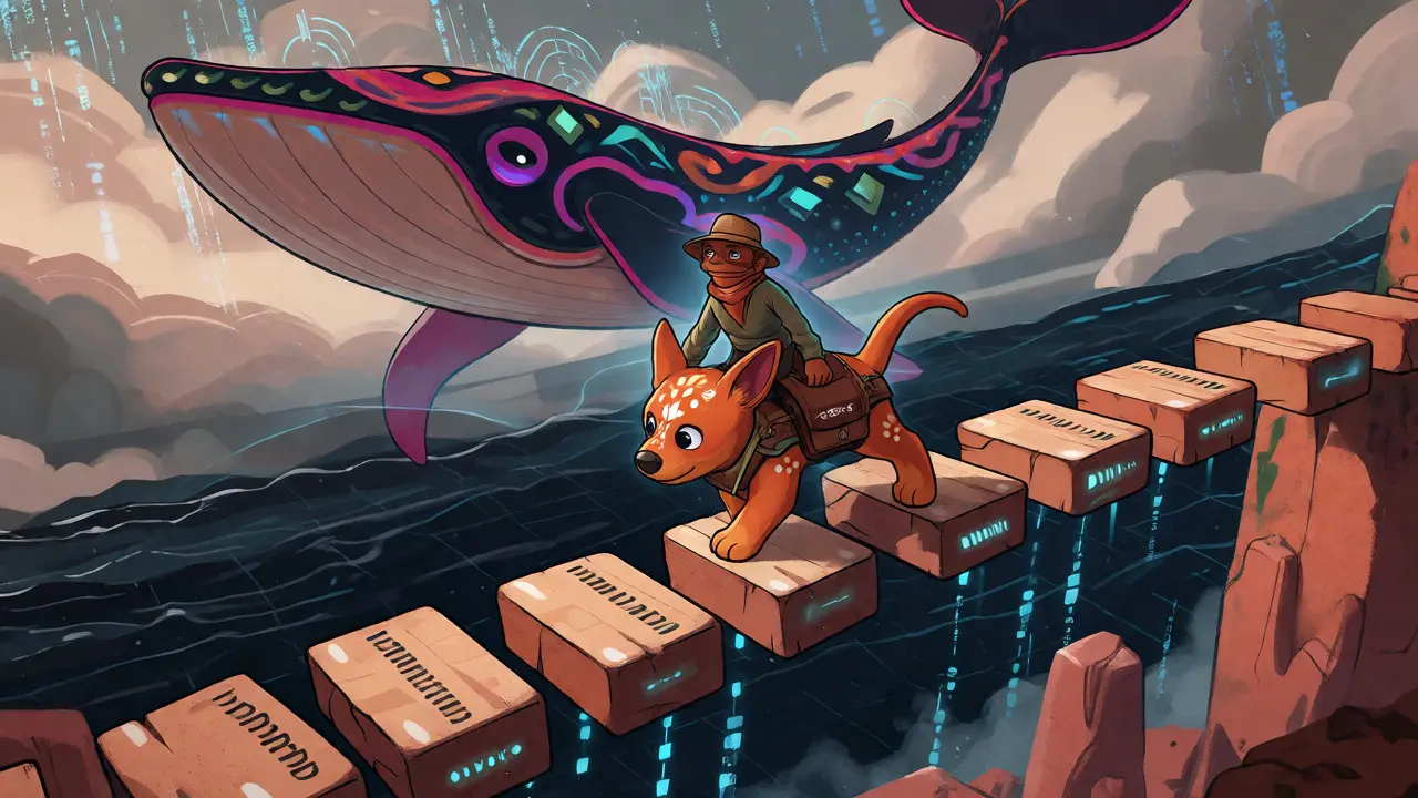 Trader riding alebrije puppy over code bridge near giant crypto whale