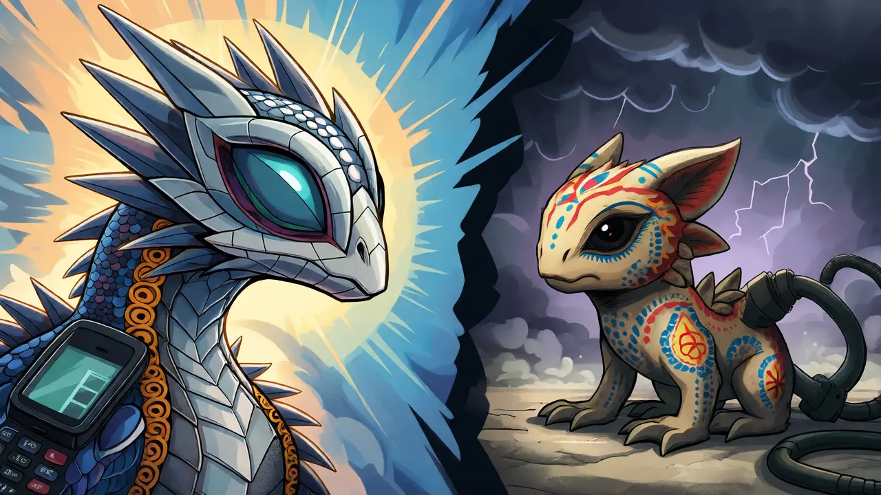 Two Alebrije creatures representing competing crypto exchanges in a dramatic standoff.